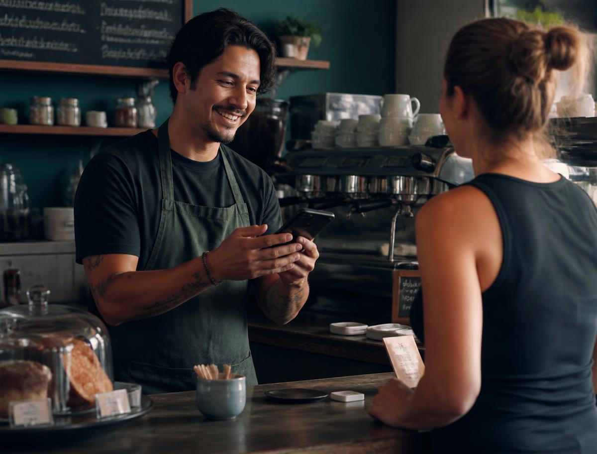 Barista de una cafetería costarricense enviando un comprobante electrónico desde el celular