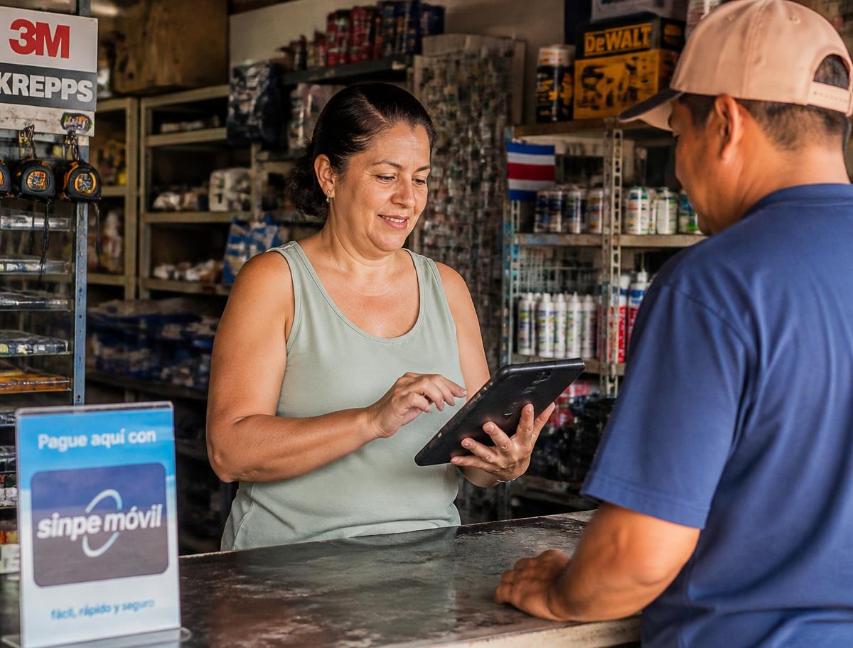Dueña de una ferretería en Costa Rica emitiendo una factura electrónica desde una tablet