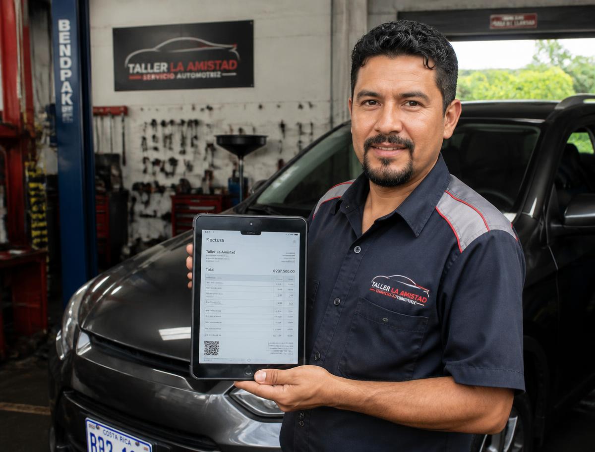 Mecánico de un taller automotriz en Costa Rica mostrando una factura electrónica en su tablet