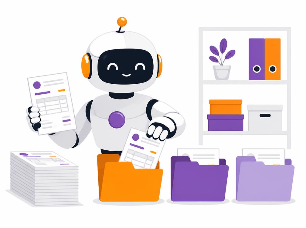 Ilustración de un robot clasificando automáticamente facturas de proveedores